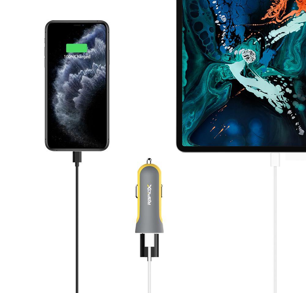 X2PD Compact & Fast Dual Car Charger with 30W USB-C PD - Yellow - RapidX