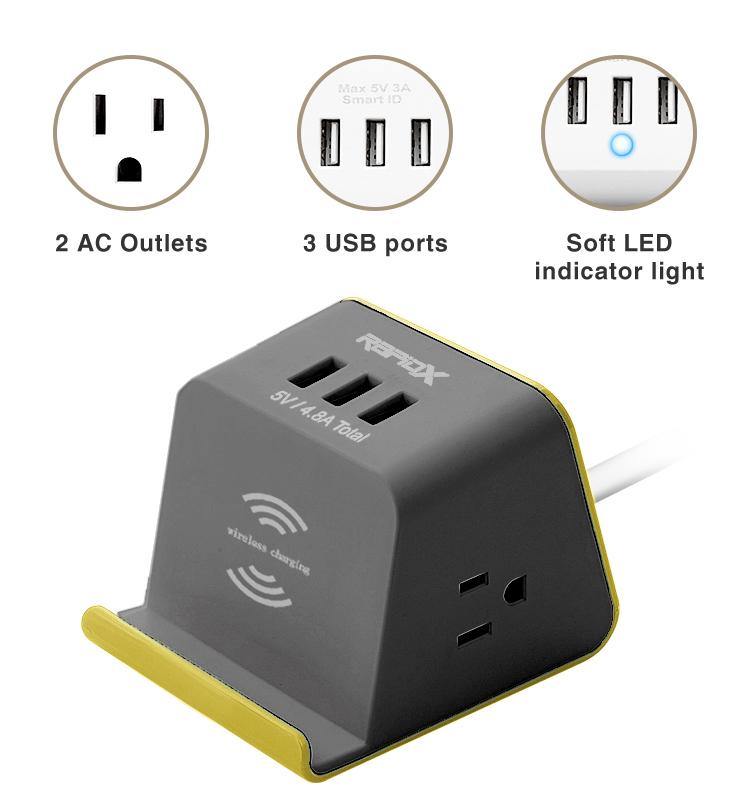 MyDesktop 29W Wireless Charging Stand with 3 USB Ports and 2 Power Outlets - Yellow - RapidX